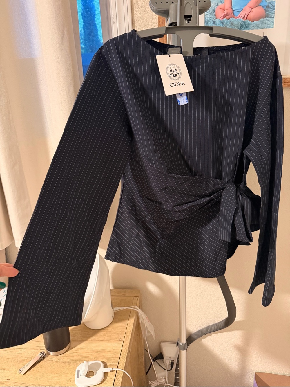 Cider Pinstripe Side-Tie, Long sleeve Wrap Blouse